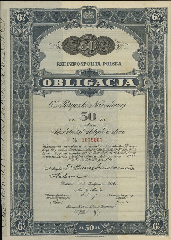 Rzeczpospolita Polska (1918–1939), obligacja 6% na 50 złotych w złocie, 2.01.1934