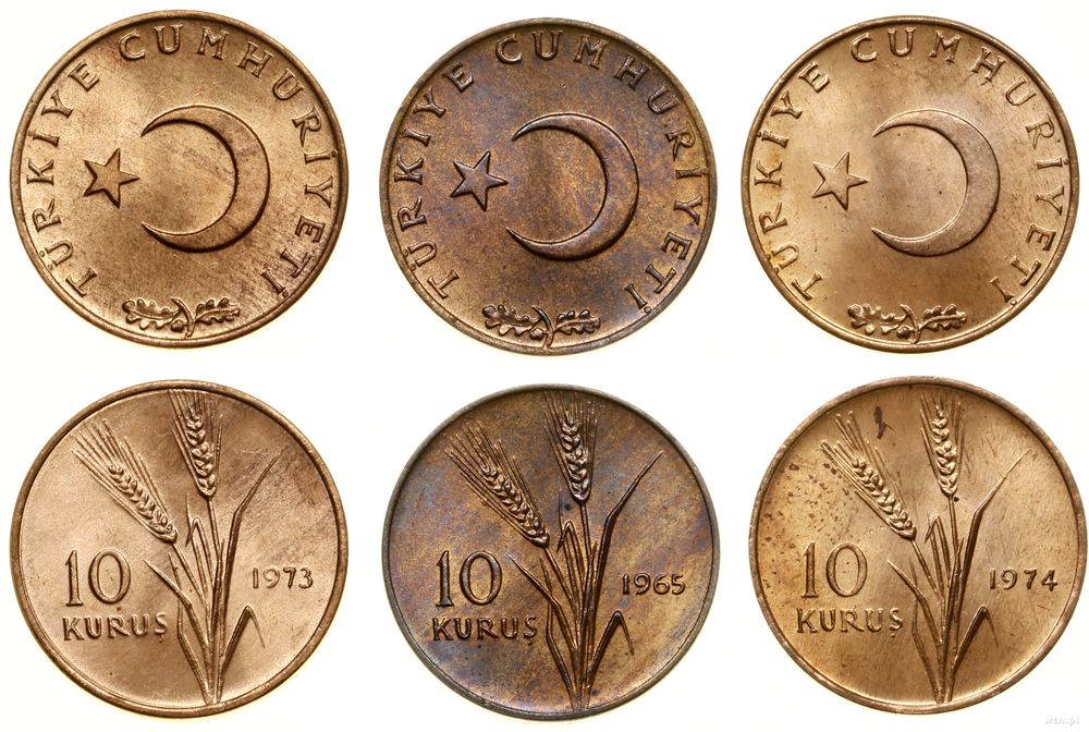 Turcja, zestaw 3 x 10 kuruszy, 1965, 1973, 1974