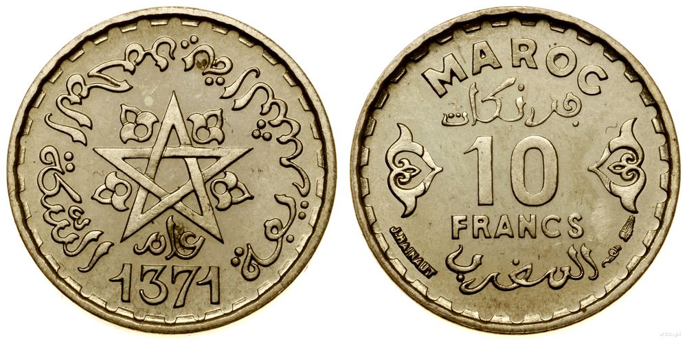 Maroko, 10 franków, AH 1371 (1952 AD)