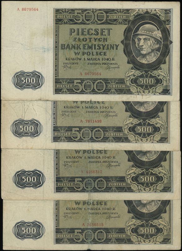 Polska, zestaw: 4 x 500 złotych, 1.03.1940