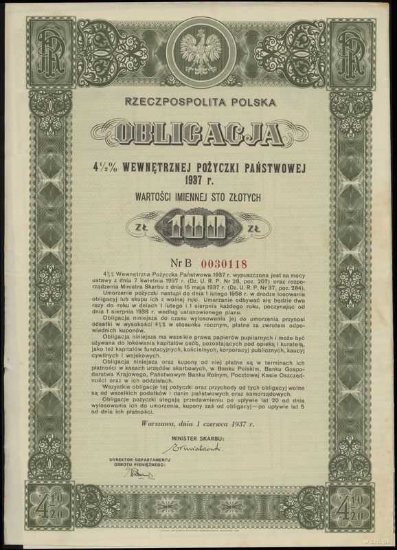 Polska, 4 1/2 % wewnętrznej pożyczki państwowej na 100 złotych, 1.06.1937