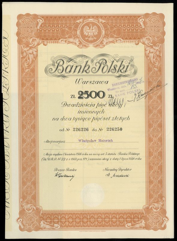 Polska, 25 akcji po 100 złotych = 2.500 złotych, 1.04.1934