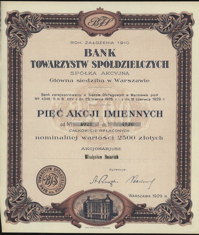 Polska, 5 akcji po 500 złotych = 2.500 złotych, 1929