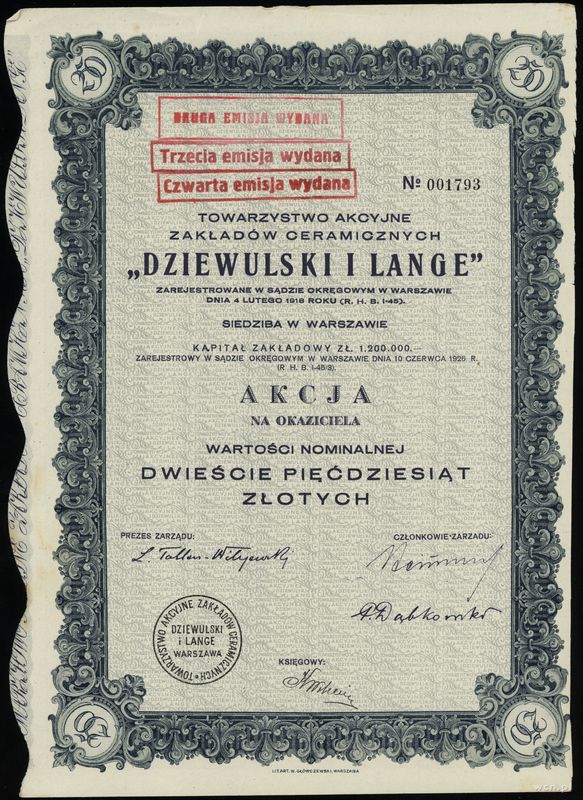 Polska, 1 akcja na 250 złotych, 1926