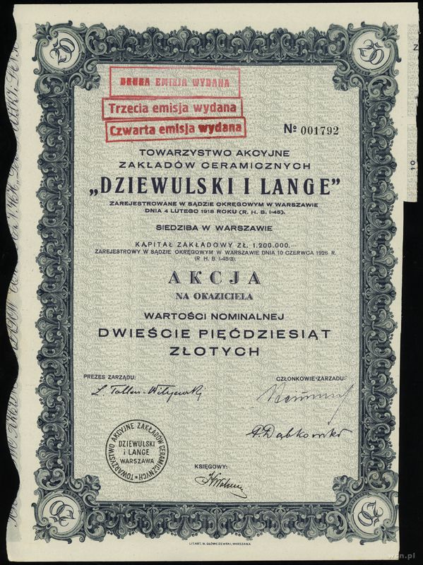 Polska, 1 akcja na 250 złotych, 1926