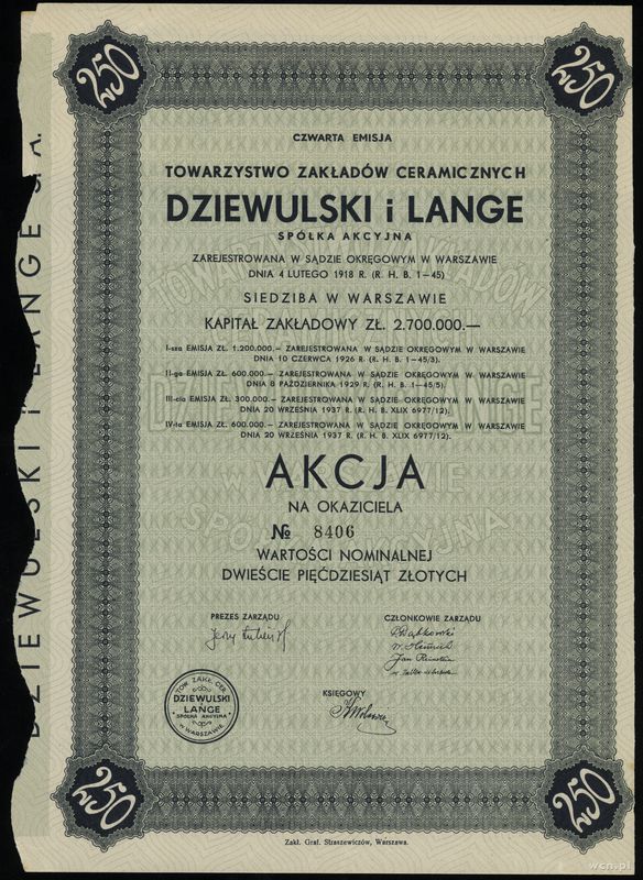 Polska, 1 akcja na 250 złotych, 1937