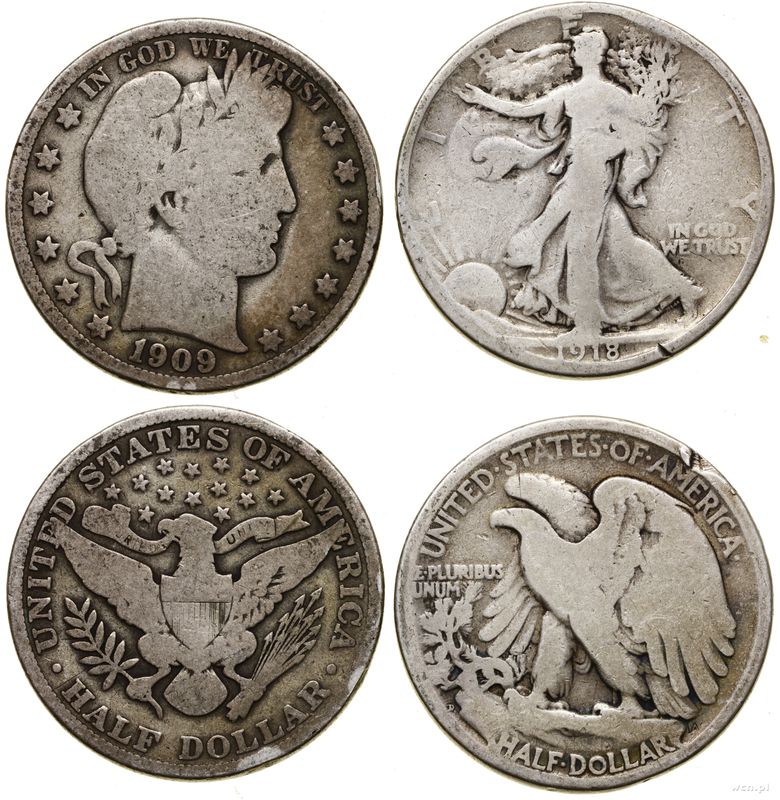 Stany Zjednoczone Ameryki (USA), zestaw: 2 x 1/2 dolara, 1909 i 1918 D