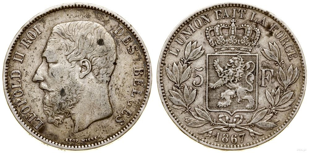 Belgia, 5 franków, 1867