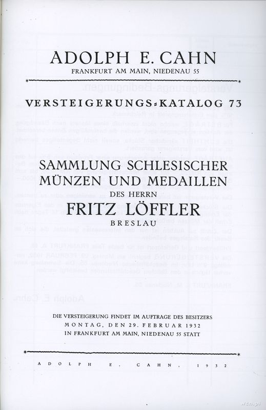 literatura numizmatyczna, Adolph E. Cahn „Sammlung schlesischer Münzen und Medaillen des Herrn Fritz..