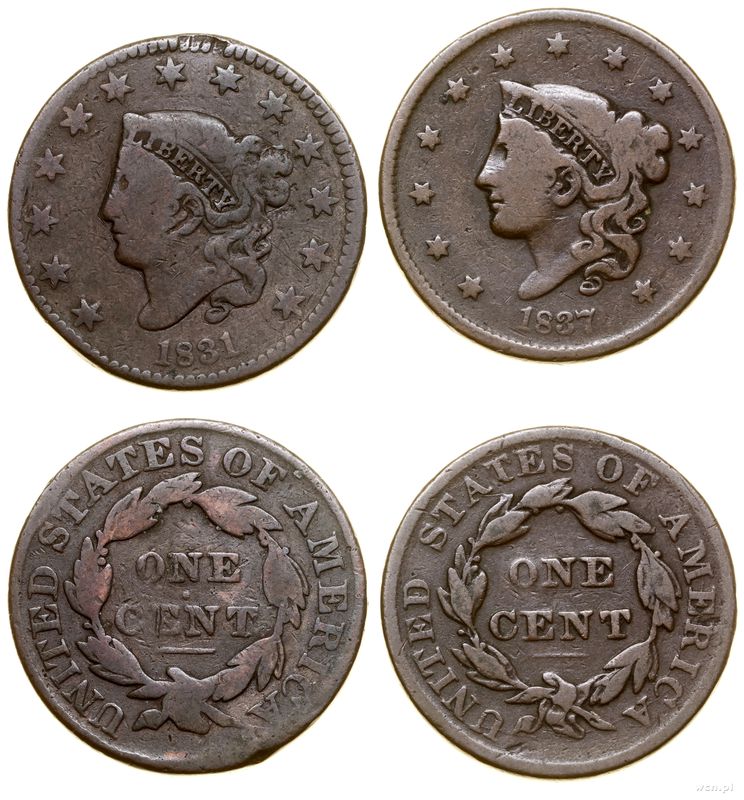 Stany Zjednoczone Ameryki (USA), zestaw: 2 x 1 cent, 1831 i 1837