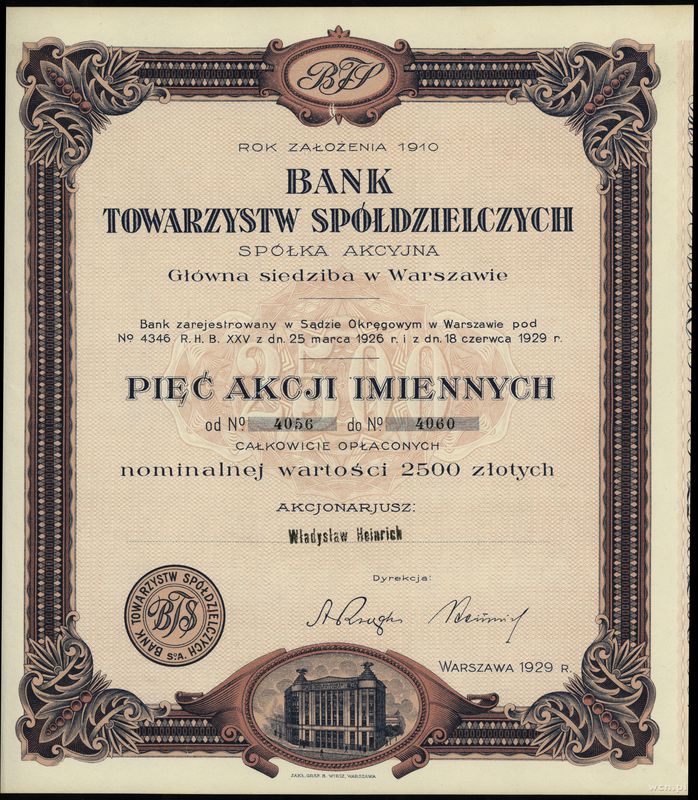 Polska, 5 akcji imiennych po 500 złotych = 2.500 złotych, 1929