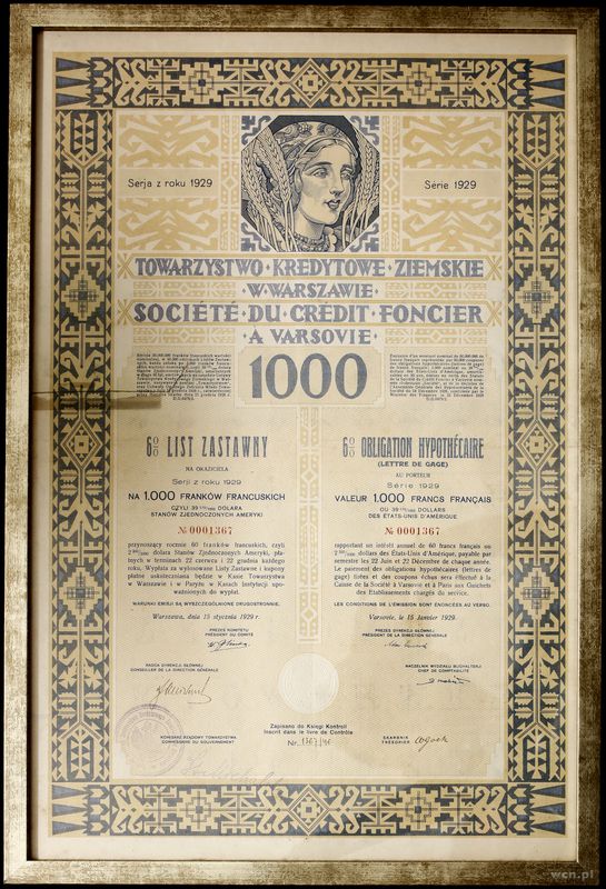 Polska, 6% list zastawny na okaziciela wartości 1.000 franków francuskich, 15.01.1929