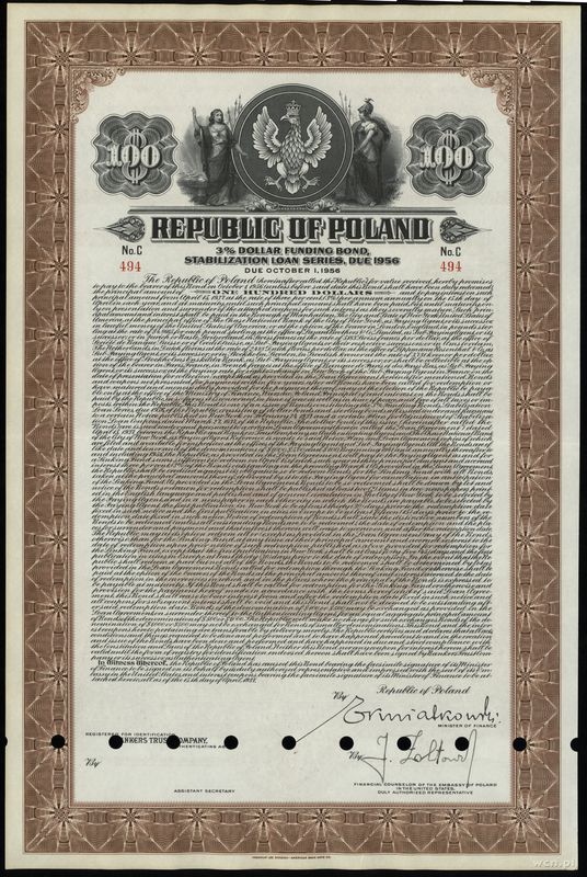 Rzeczpospolita Polska (1918–1939), 3 % obligacja na 100 dolarów w złocie, z roku 1937 płatna do 1.10.1956 r.