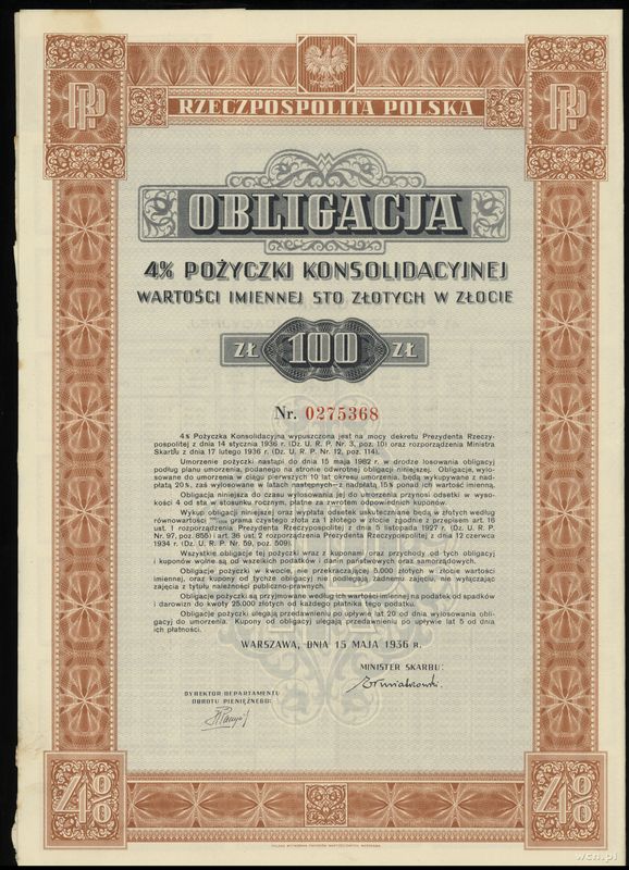 Rzeczpospolita Polska (1918–1939), obligacja 4 % pożyczki konsolidacyjnej na 100 złotych w złocie, 15.05.1936