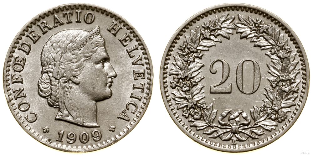 Szwajcaria, 20 rappenów, 1909 B