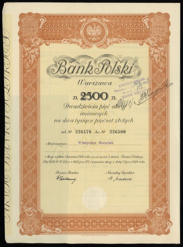Polska, 25 akcji po 100 złotych = 2.500 złotych, 1.04.1934