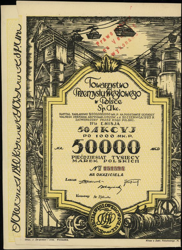 Polska, 50 akcji po 1.000 marek polskich = 50.000 marek polskich, 20.06.1923