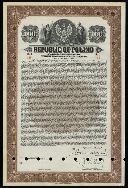 Rzeczpospolita Polska (1918–1939), 3 % obligacja na 100 dolarów w złocie, z roku 1937, płatna do 1.10.1956 r.