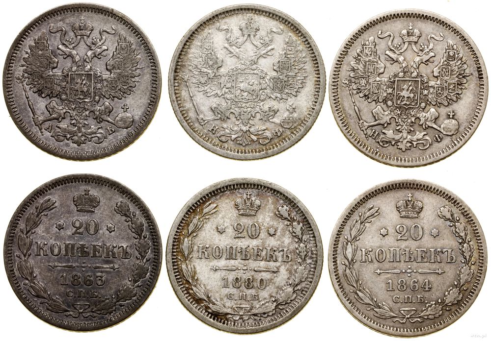 Rosja, zestaw: 3 x 20 kopiejek, 1863, 1864, 1880