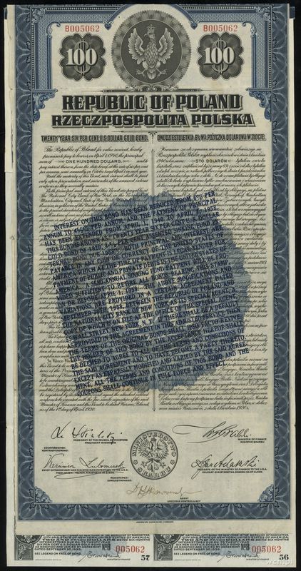 Rzeczpospolita Polska (1918–1939), 20-letnia 6% pożyczka dolarowa w złocie wartości 100 dolarów, 1.04.1920