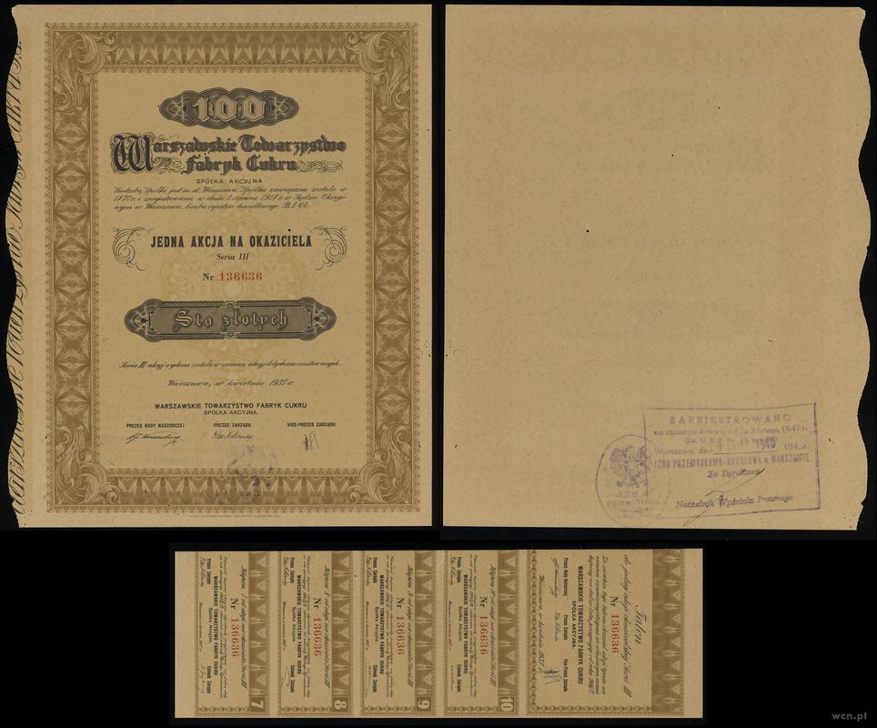 Polska, 1 akcja na 100 złotych, 1937