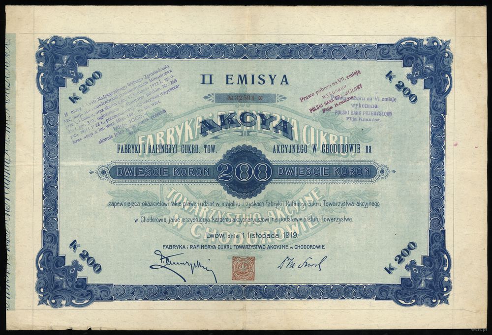 Polska, 1 akcja II emisji wartości 200 koron, 1.11.1919