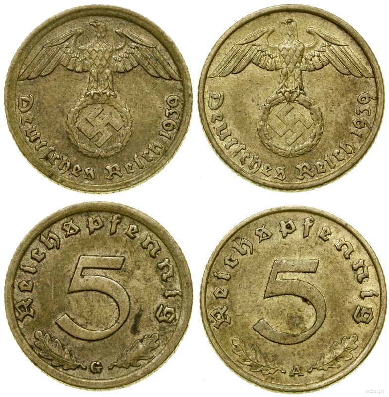 Niemcy, zestaw 2 x 5 fenigów, 1939 A (Berlin), 1939 G (Karlsruhe)