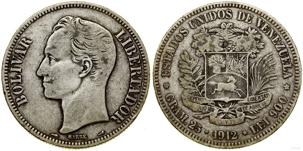Wenezuela, 5 boliwarów, 1912