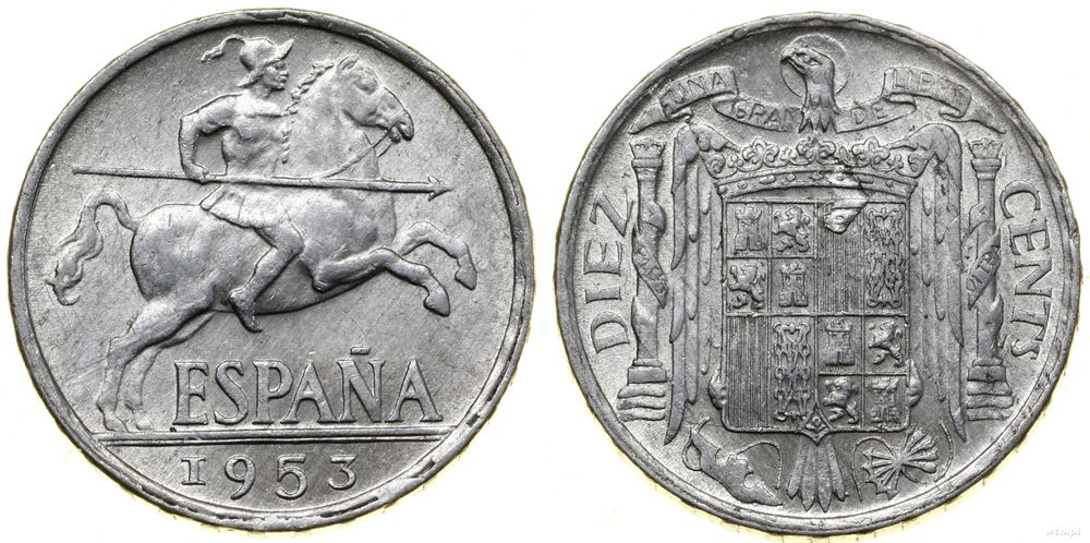 Hiszpania, 10 centymów, 1953