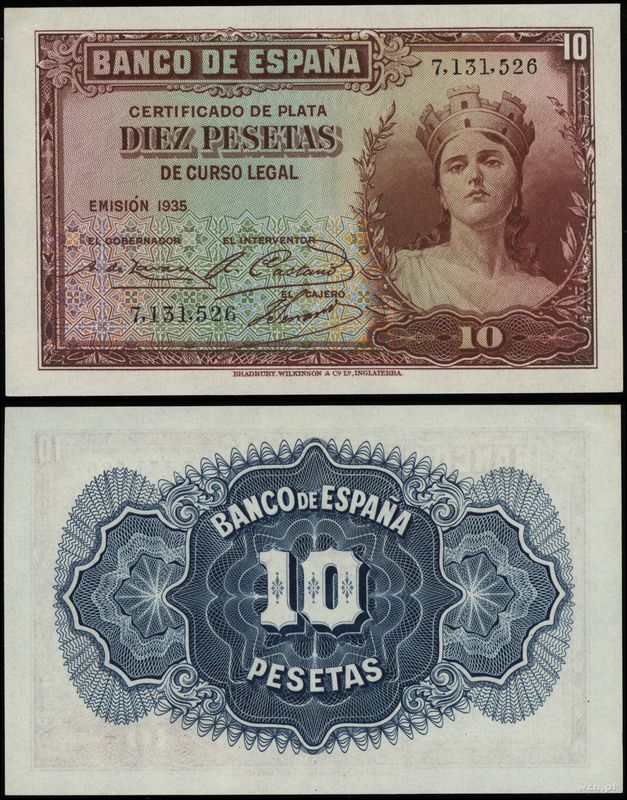 Hiszpania, 10 peset, 1935