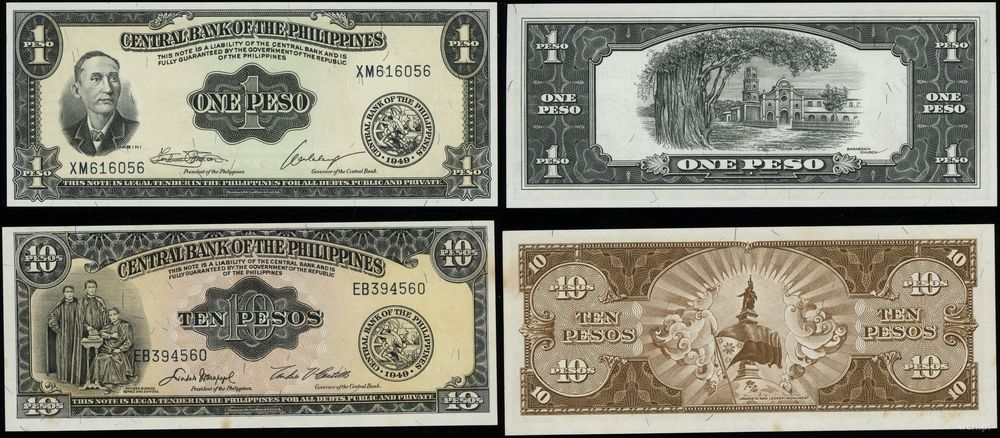 Filipiny, zestaw: 1 pesos i 10 pesos, 1949