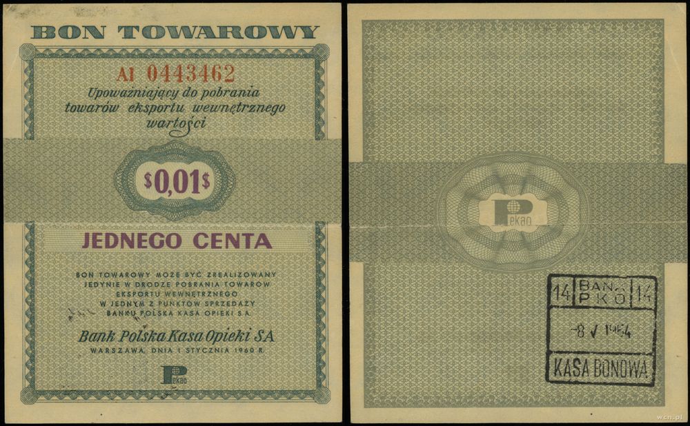 Polska, bon na 1 cent, 1.01.1960