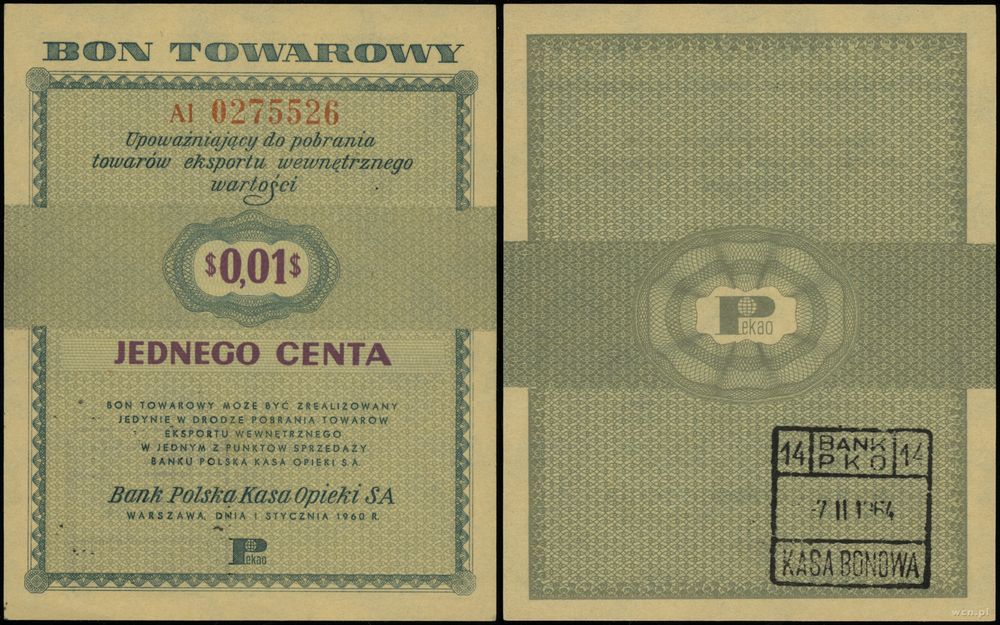Polska, bon na 1 cent, 1.01.1960