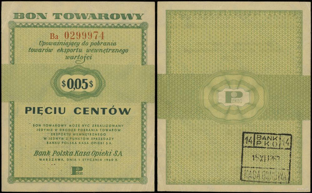 Polska, bon na 5 centów, 1.01.1960