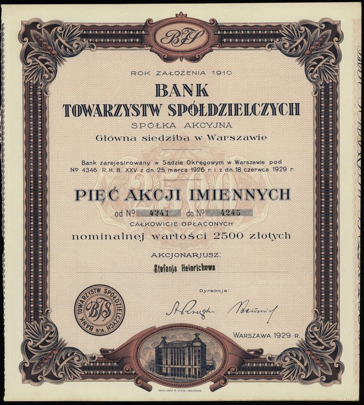 Polska, 5 akcji po 500 złotych = 2.500 złotych, 1929