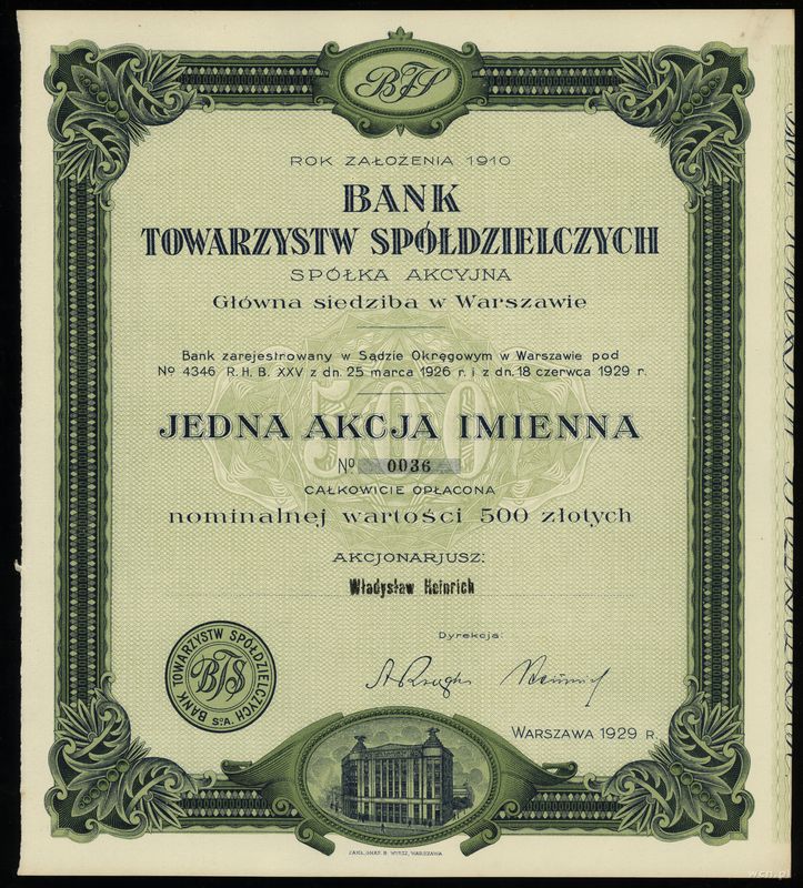 Polska, akcja imienna na 500 złotych, 1929