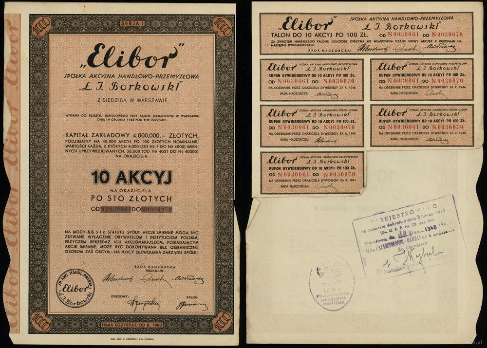 Polska, 10 akcji po 100 złotych = 1.000 złotych, 1934