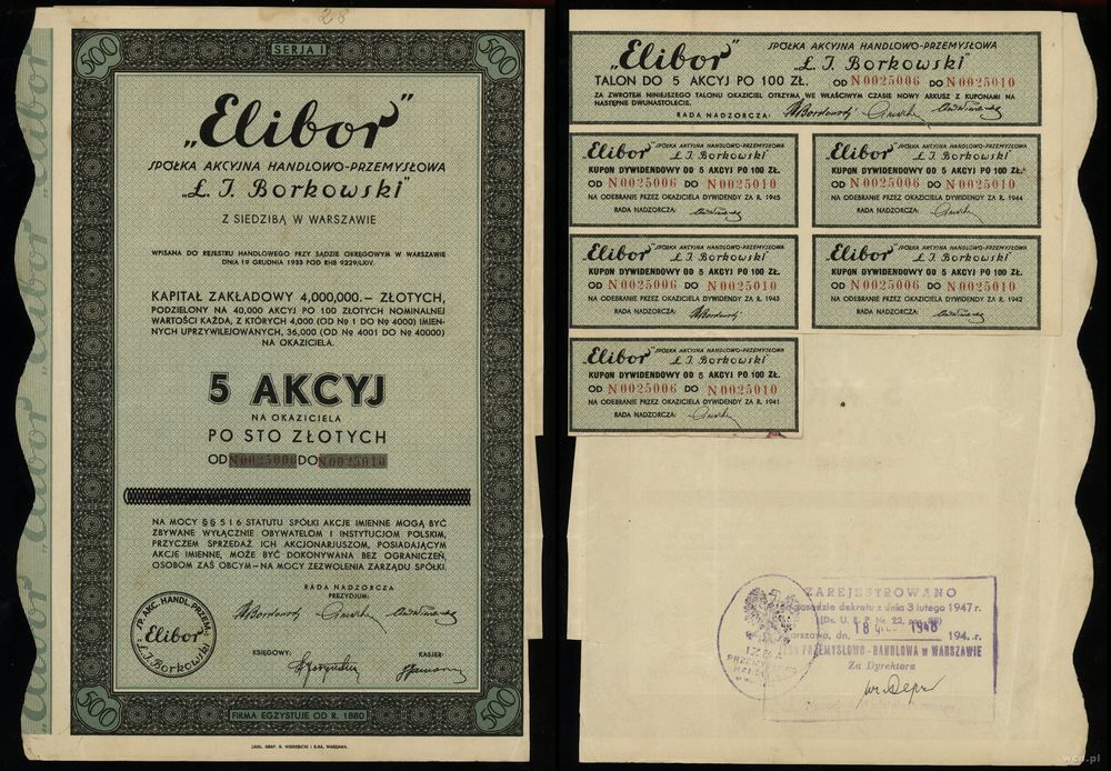 Polska, 5 akcji po 100 złotych = 500 złotych, 1934