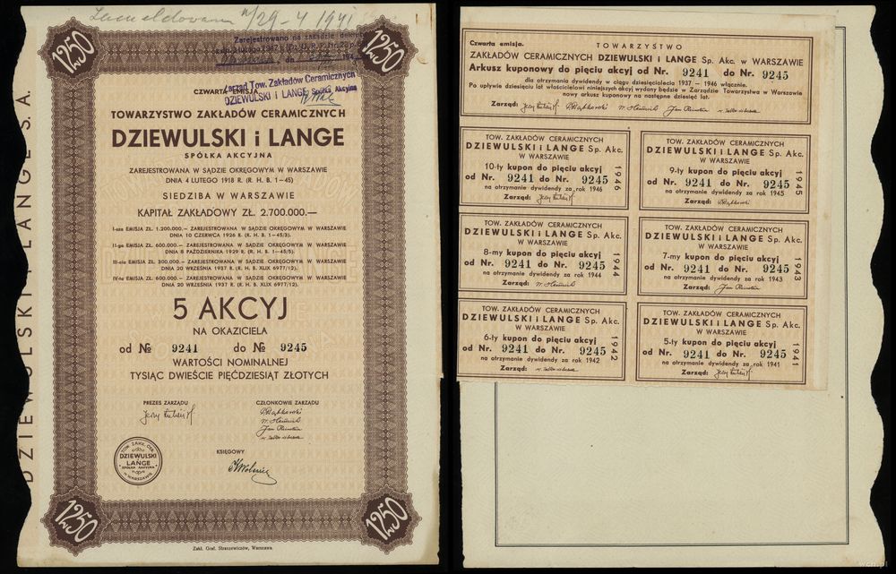 Polska, 5 akcji po 250 złotych = 1.250 złotych, 1937