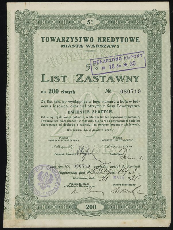 Polska, zestaw 4 listów zastawnych, 1924