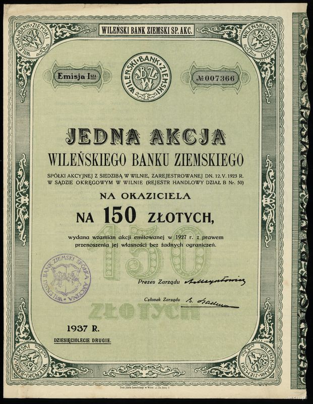 Polska, 1 akcja na 150 złotych, 1937