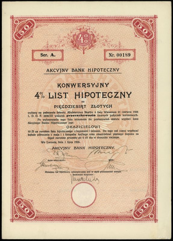 Polska, zestaw: konwersyjny 4 % list hipoteczny na 50 oraz 100 złotych, 1.07.1926