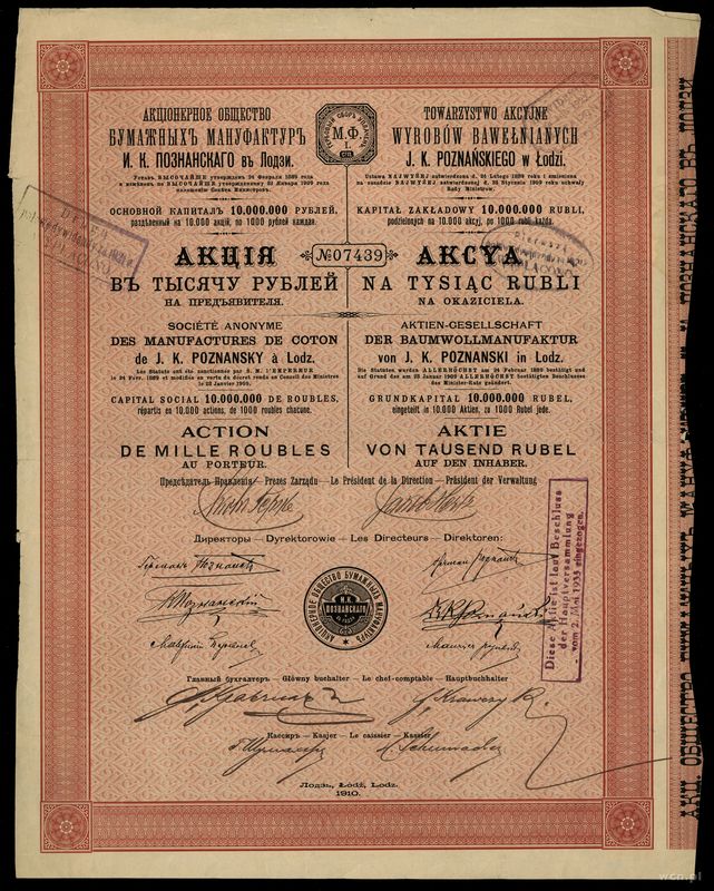 Polska, akcja na 1.000 rubli, 1910
