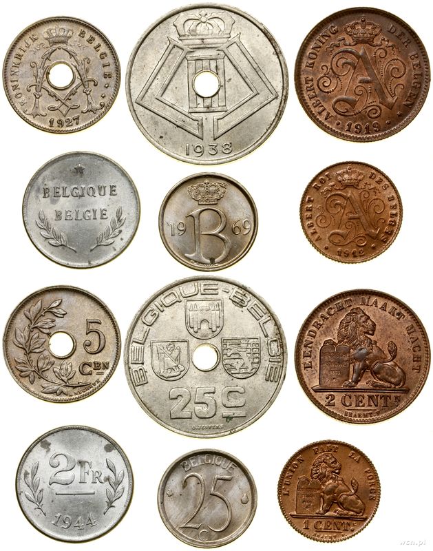 Belgia, zestaw 6 monet, 1912–1969