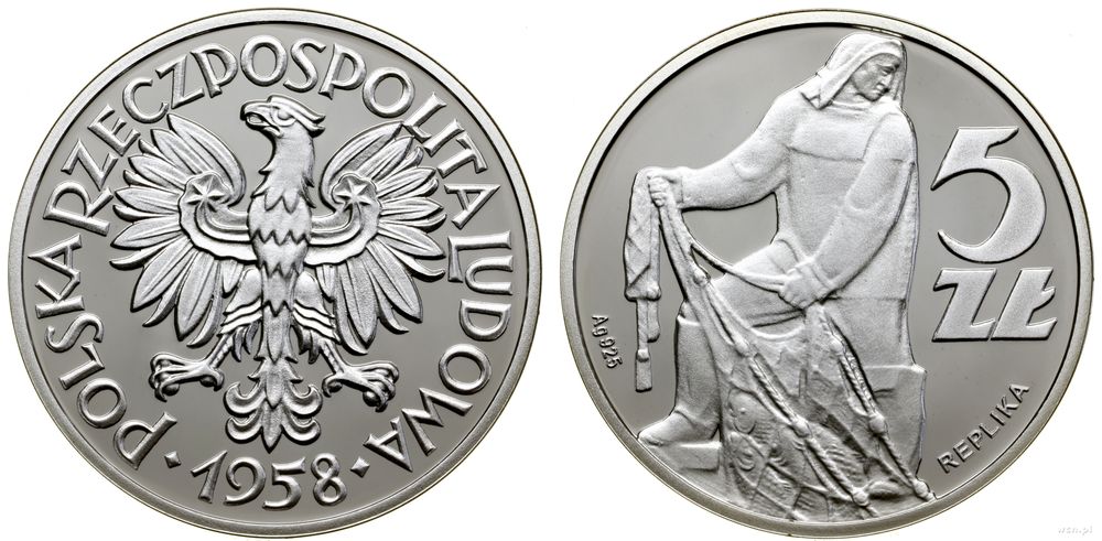 Polska, replika 5 złotych, 1958