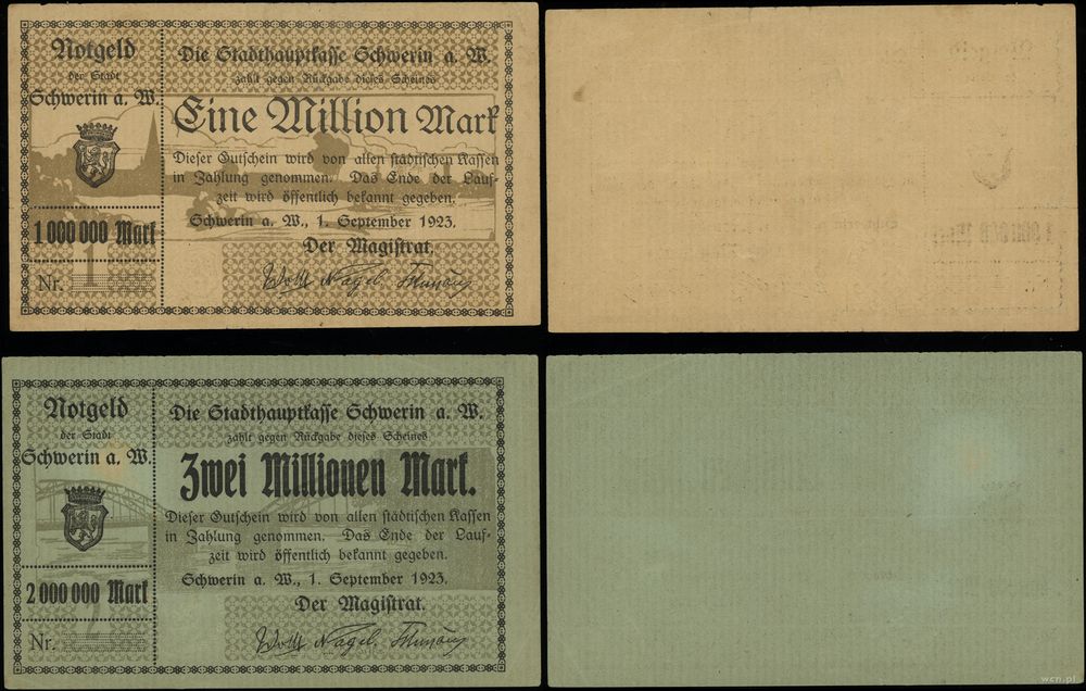 Wielkopolska, zestaw: 1 milion (III) i 2 miliony marek (II+), 1.09.1923