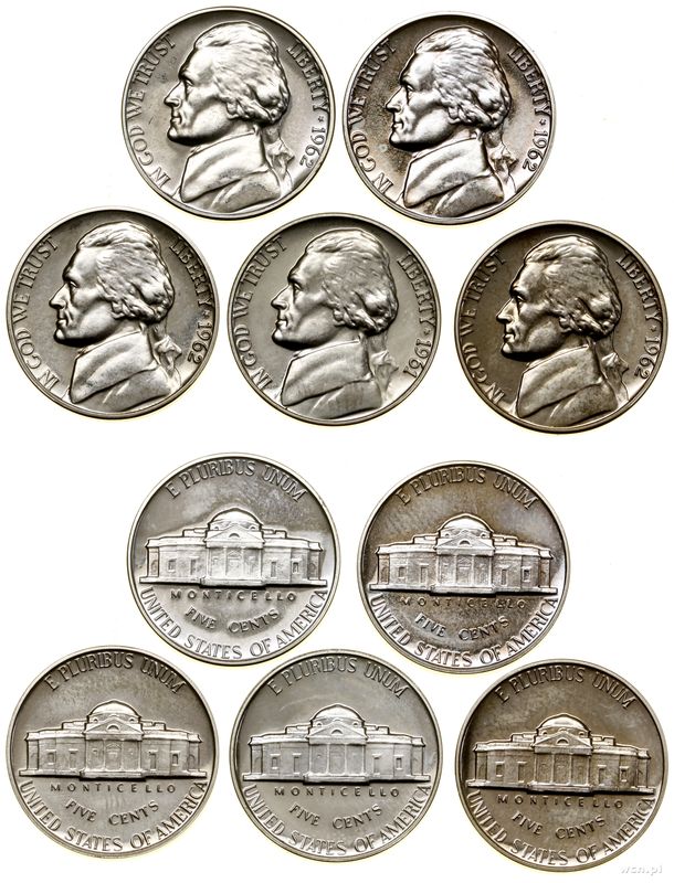 Stany Zjednoczone Ameryki (USA), zestaw 5 x 5 centów, 1961, 4 x 1962