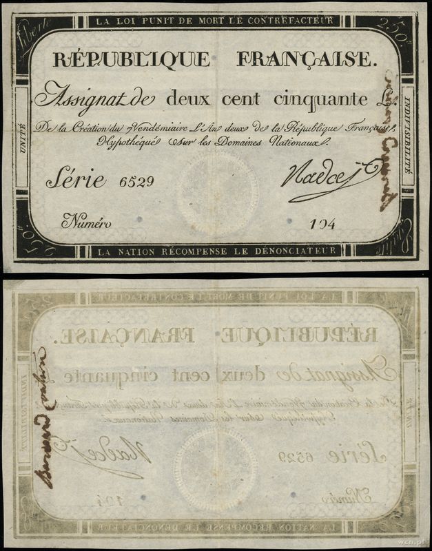 Francja, asygnata na 250 liwrów, 28.09.1793
