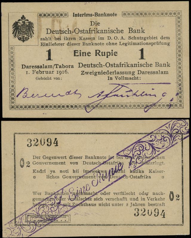 Niemiecka Afryka Wschodnia, 1 rupia, 1.02.1916