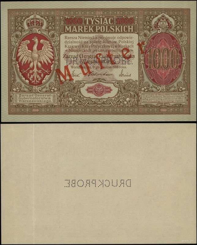 Polska, jednostronnny druk strony przedniej 1.000 marek polskich, 9.12.1916